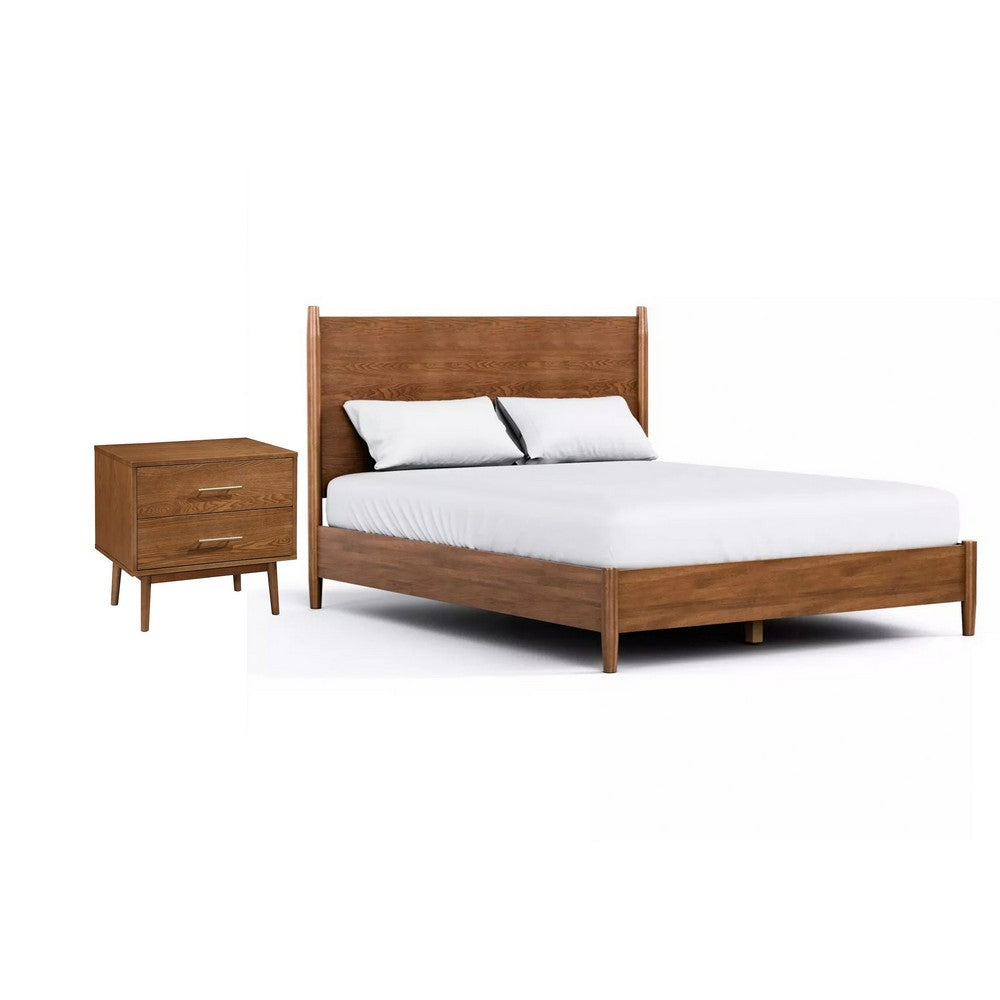 Full Bedroom Set, Walnut Brown and Nickel, 2 Piece Set with Nightstand