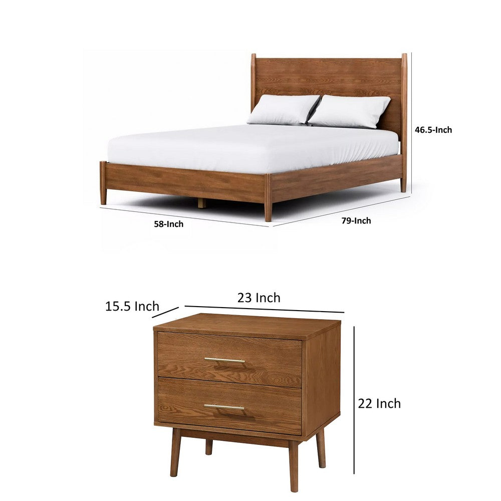 Full Bedroom Set, Walnut Brown and Nickel, 2 Piece Set with Nightstand