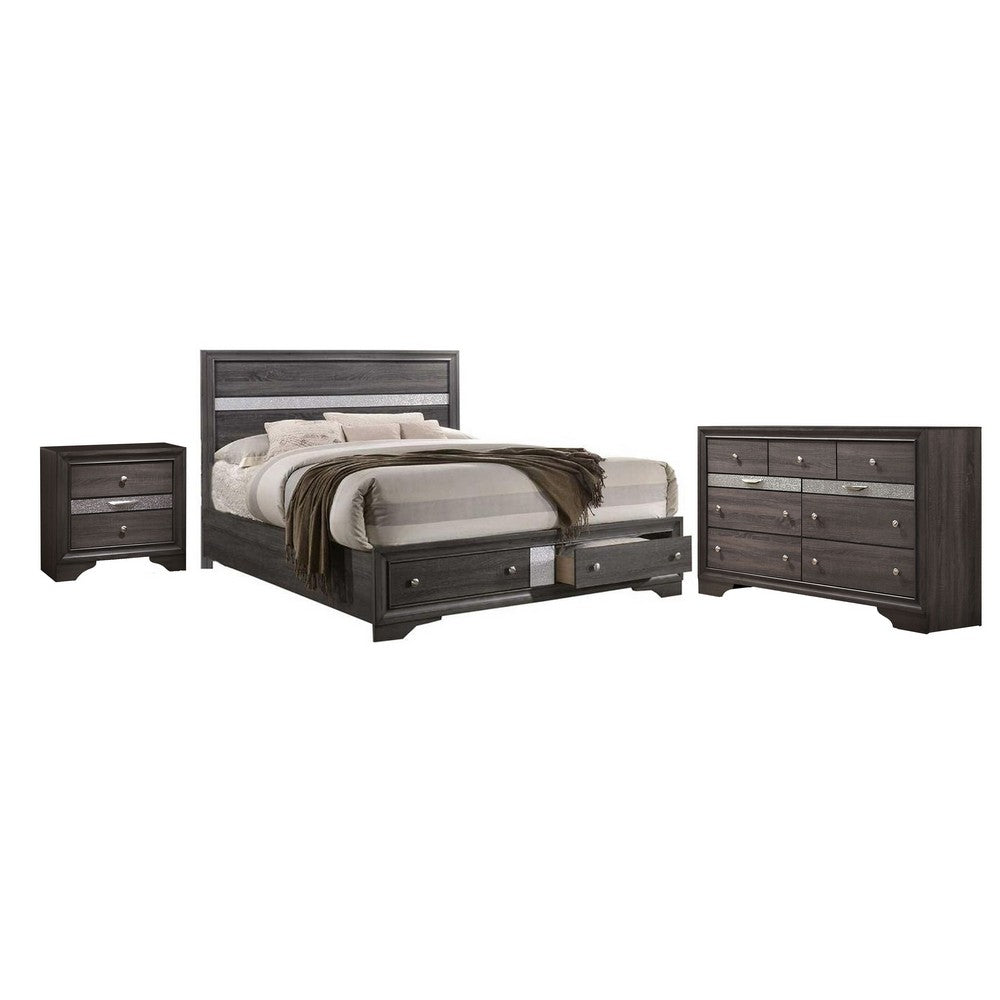 Full Bedroom Set | White | Silver | & Gray | 3 Piece Set with Dresser & Nightst&
