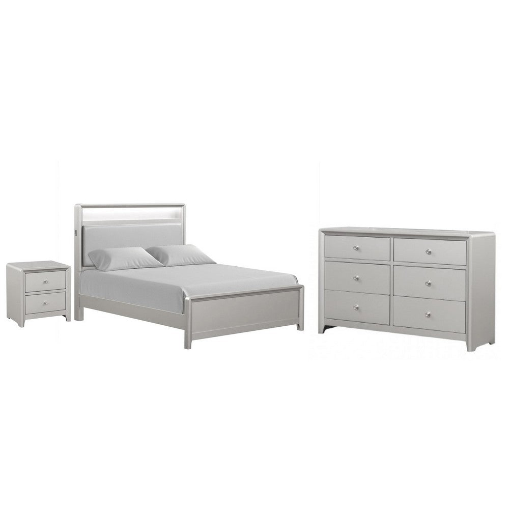 Full Bedroom Set | Champagne Gray | Nickel | & Silver | 3 Piece Set with Dresser & Nightst&