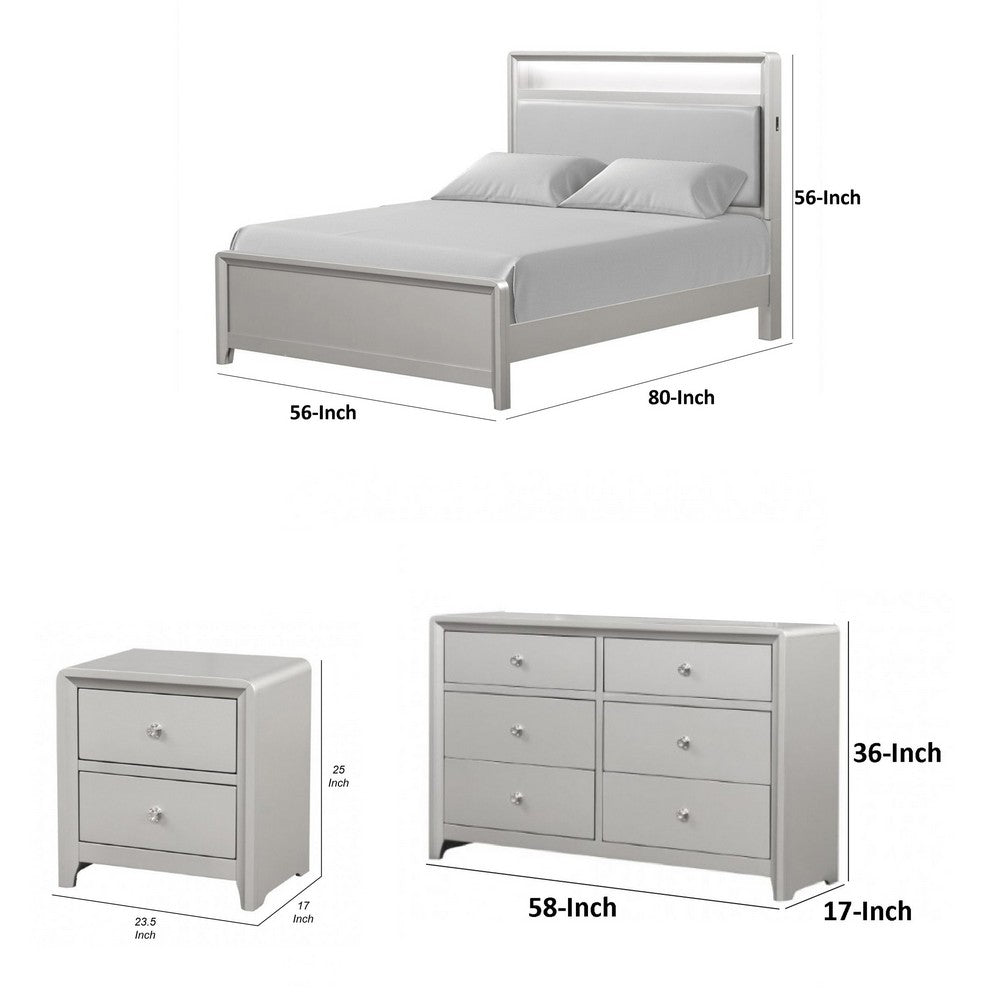 Full Bedroom Set | Champagne Gray | Nickel | & Silver | 3 Piece Set with Dresser & Nightst&