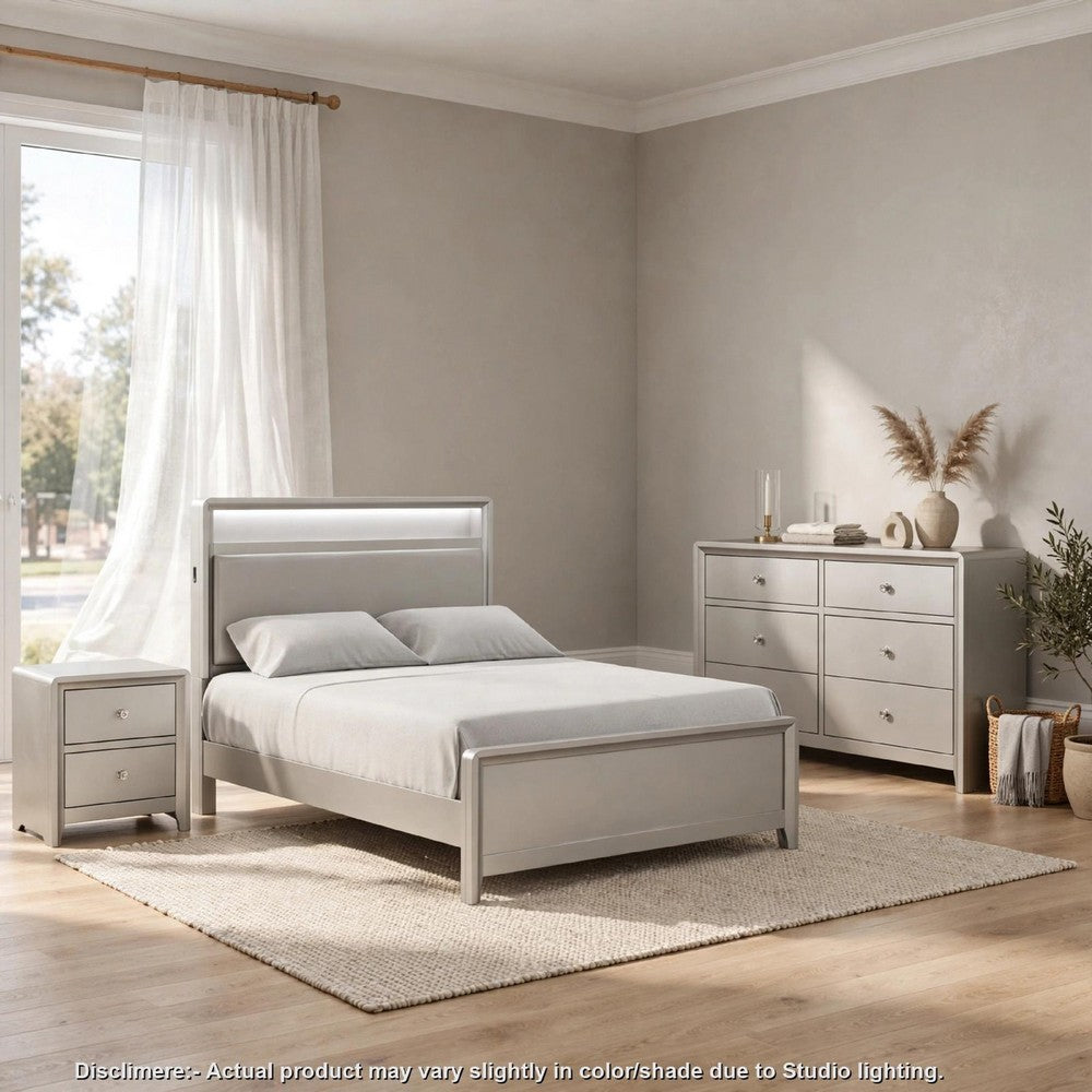 Full Bedroom Set | Champagne Gray | Nickel | & Silver | 3 Piece Set with Dresser & Nightst&