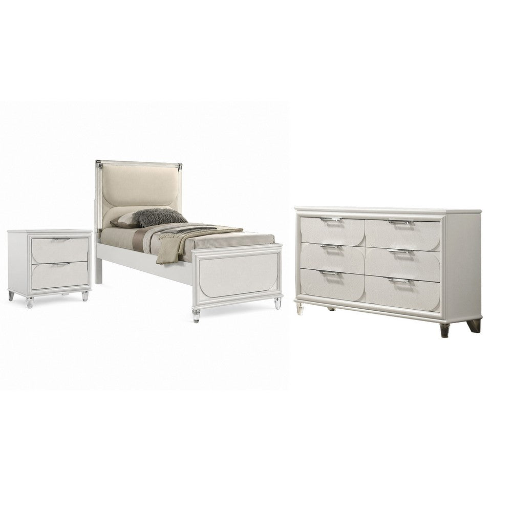 Full Bedroom Set | Pearl White & Clear | 3 Piece Set with Dresser & Nightst&