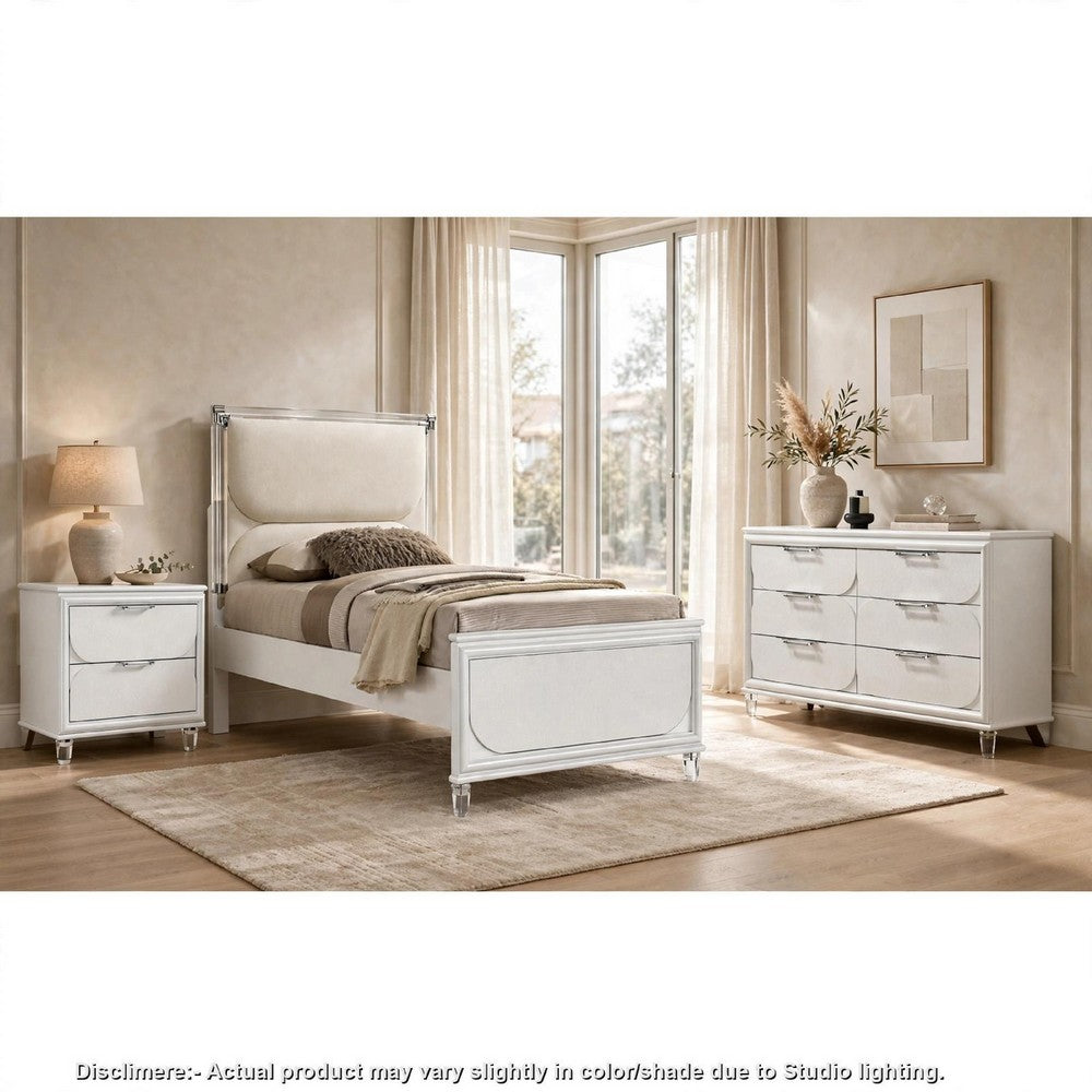 Full Bedroom Set | Pearl White & Clear | 3 Piece Set with Dresser & Nightst&