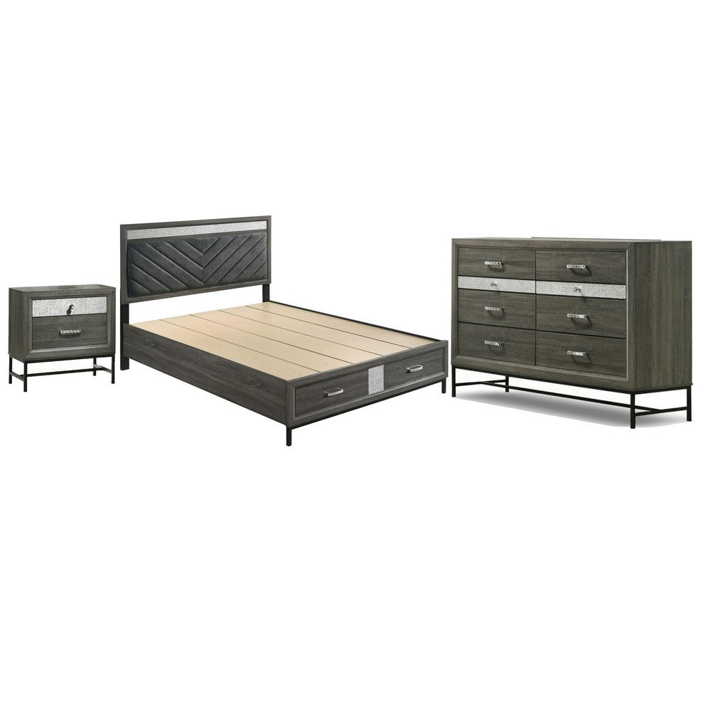 Full Bedroom Set | Gray | Silver | & Black | 3 Piece Set with Dresser & Nightst&