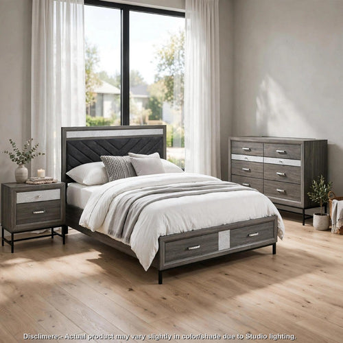 Full Bedroom Set | Gray | Silver | & Black | 3 Piece Set with Dresser & Nightst&