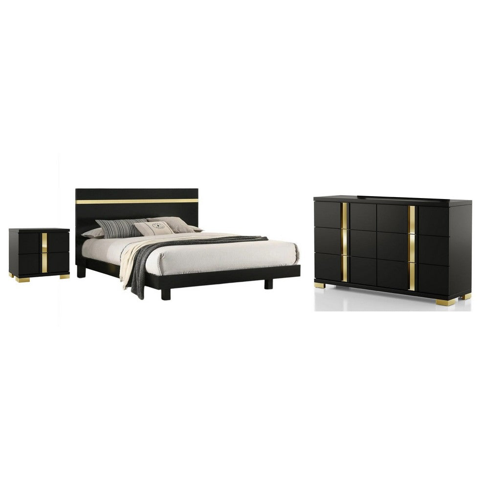 Full Bedroom Set | Black & Gold | 3 Piece Set with Dresser & Nightst&