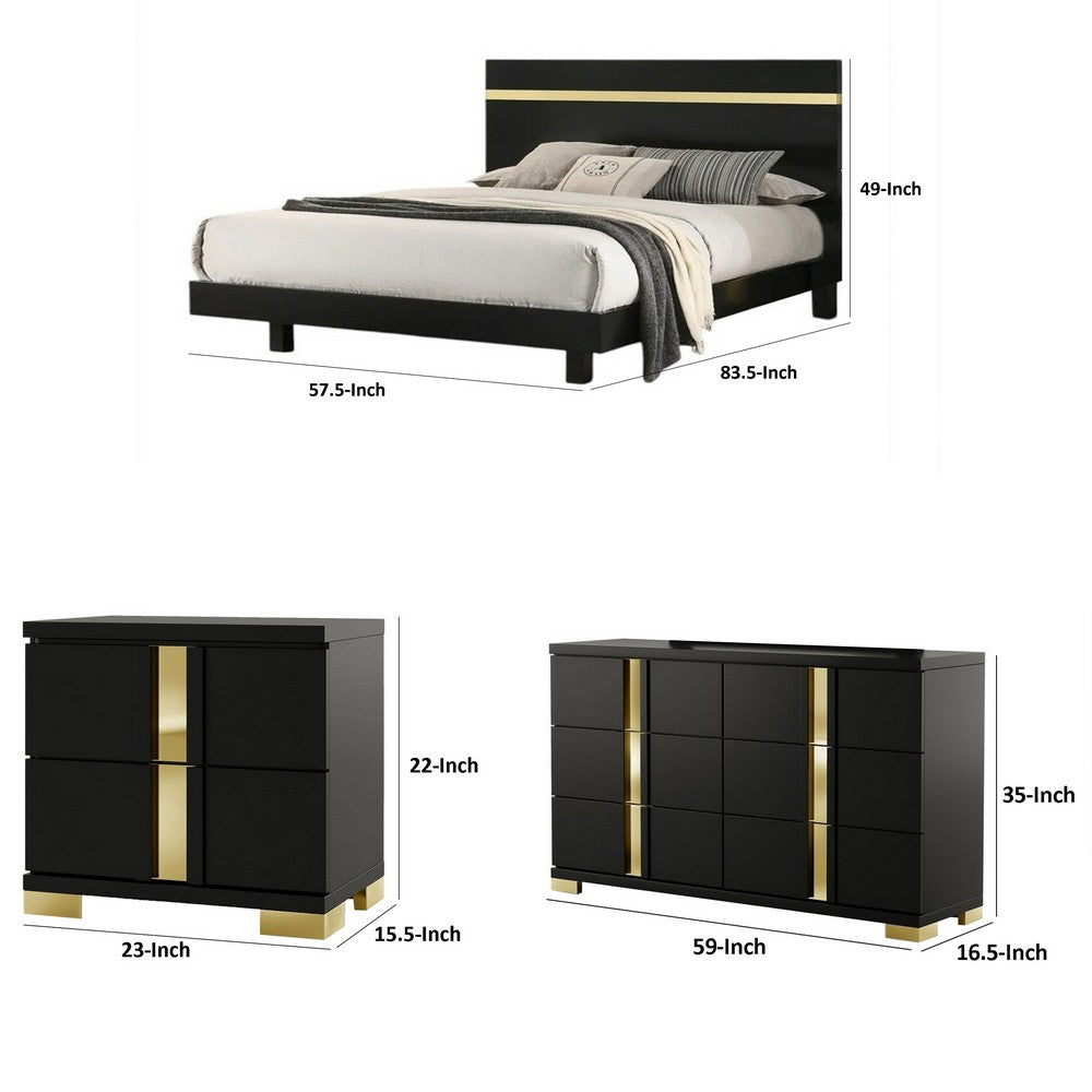 Full Bedroom Set | Black & Gold | 3 Piece Set with Dresser & Nightst&