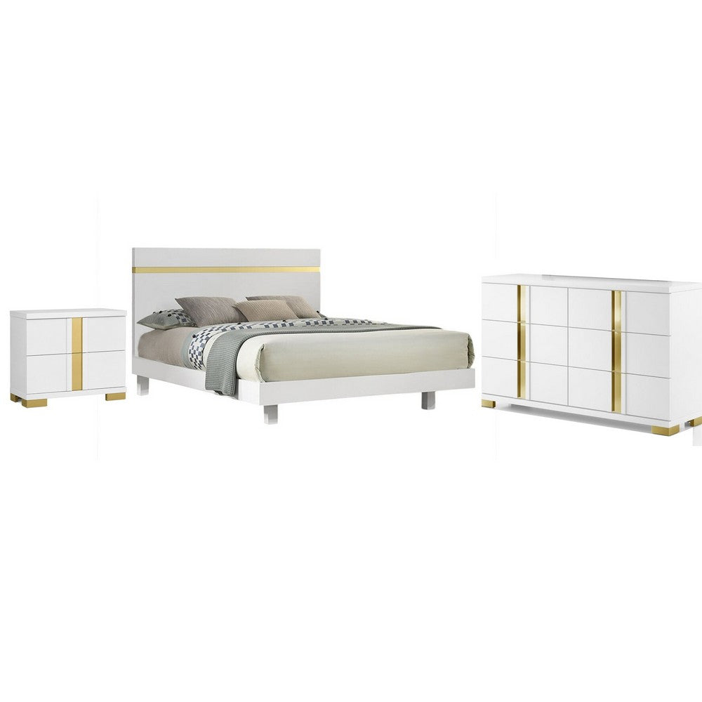 Full Bedroom Set | White & Gold | 3 Piece Set with Dresser & Nightst&