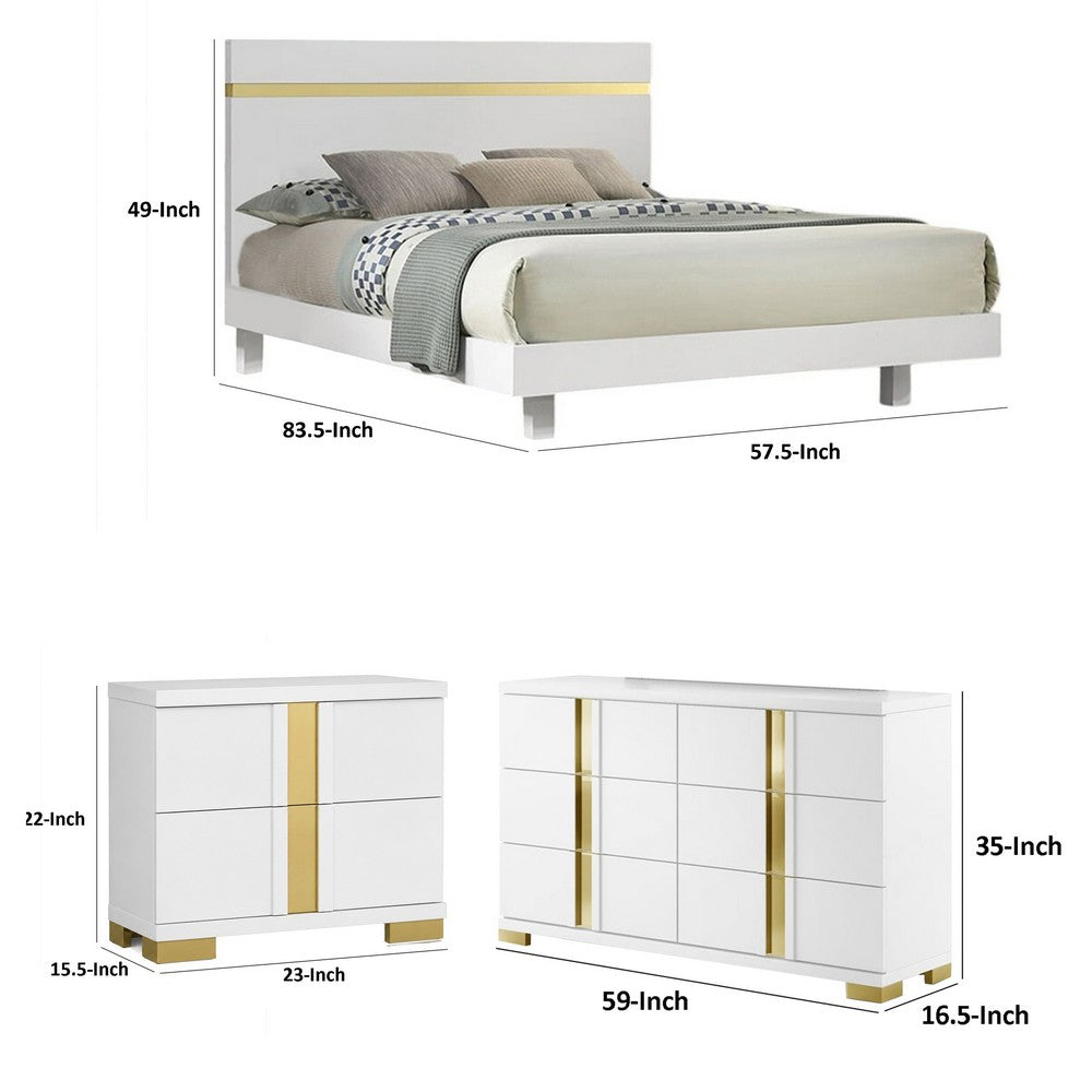 Full Bedroom Set | White & Gold | 3 Piece Set with Dresser & Nightst&