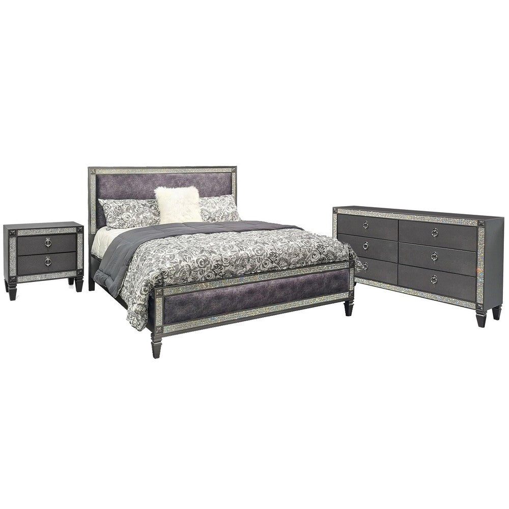 Full Bedroom Set | Gray & Nickel | 3 Piece Set with Dresser & Nightst&