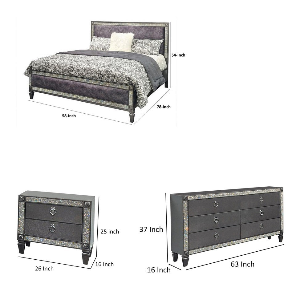 Full Bedroom Set | Gray & Nickel | 3 Piece Set with Dresser & Nightst&