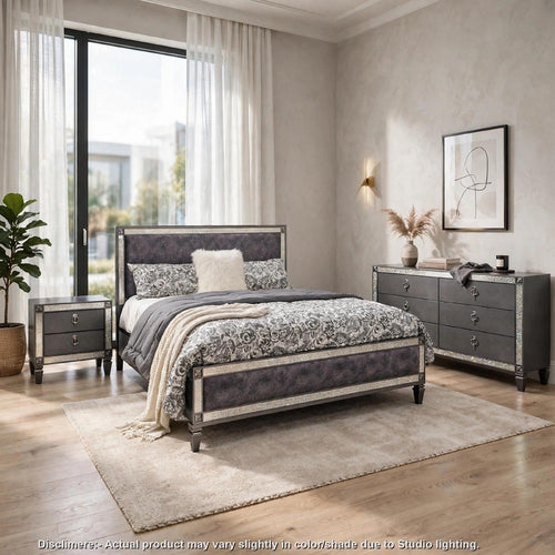 Full Bedroom Set | Gray & Nickel | 3 Piece Set with Dresser & Nightst&