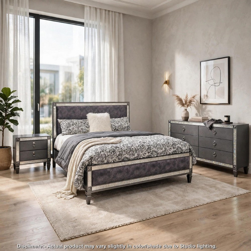 Full Bedroom Set | Gray & Nickel | 3 Piece Set with Dresser & Nightst&