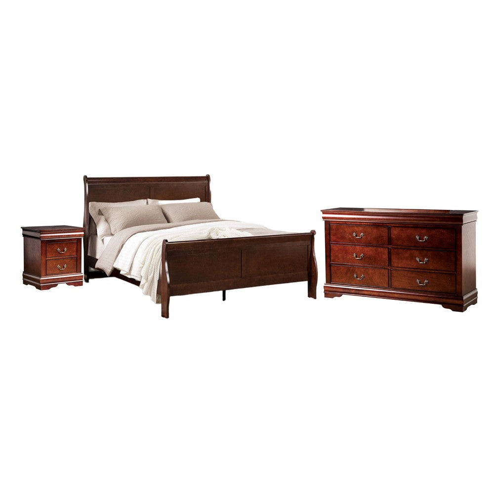 Full Bedroom Set | Cherry Brown & Bronze | 3 Piece Set with Dresser & Nightst&