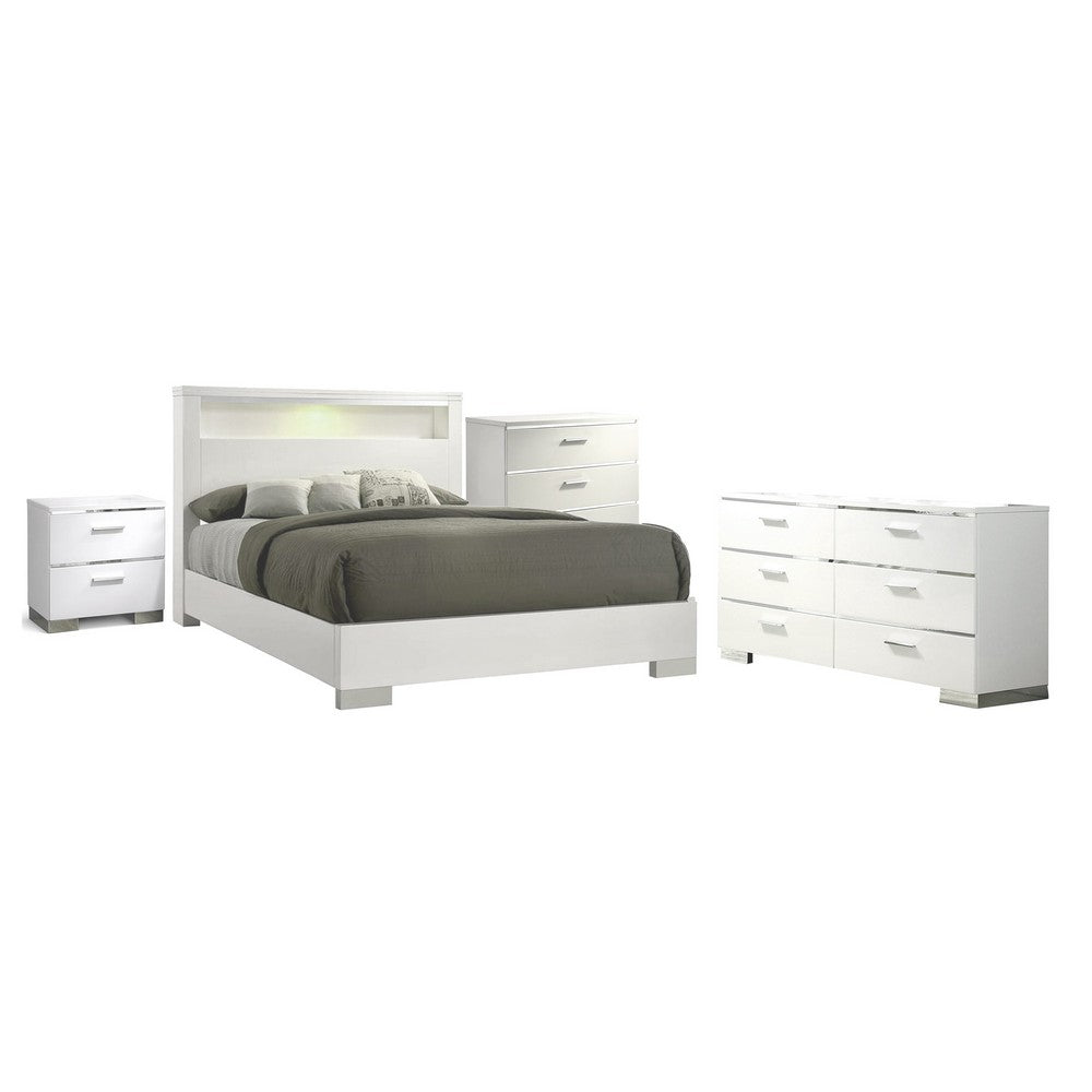Queen Bedroom Set | White & Silver | 4 Piece Set with Chest | Dresser | & Nightst&