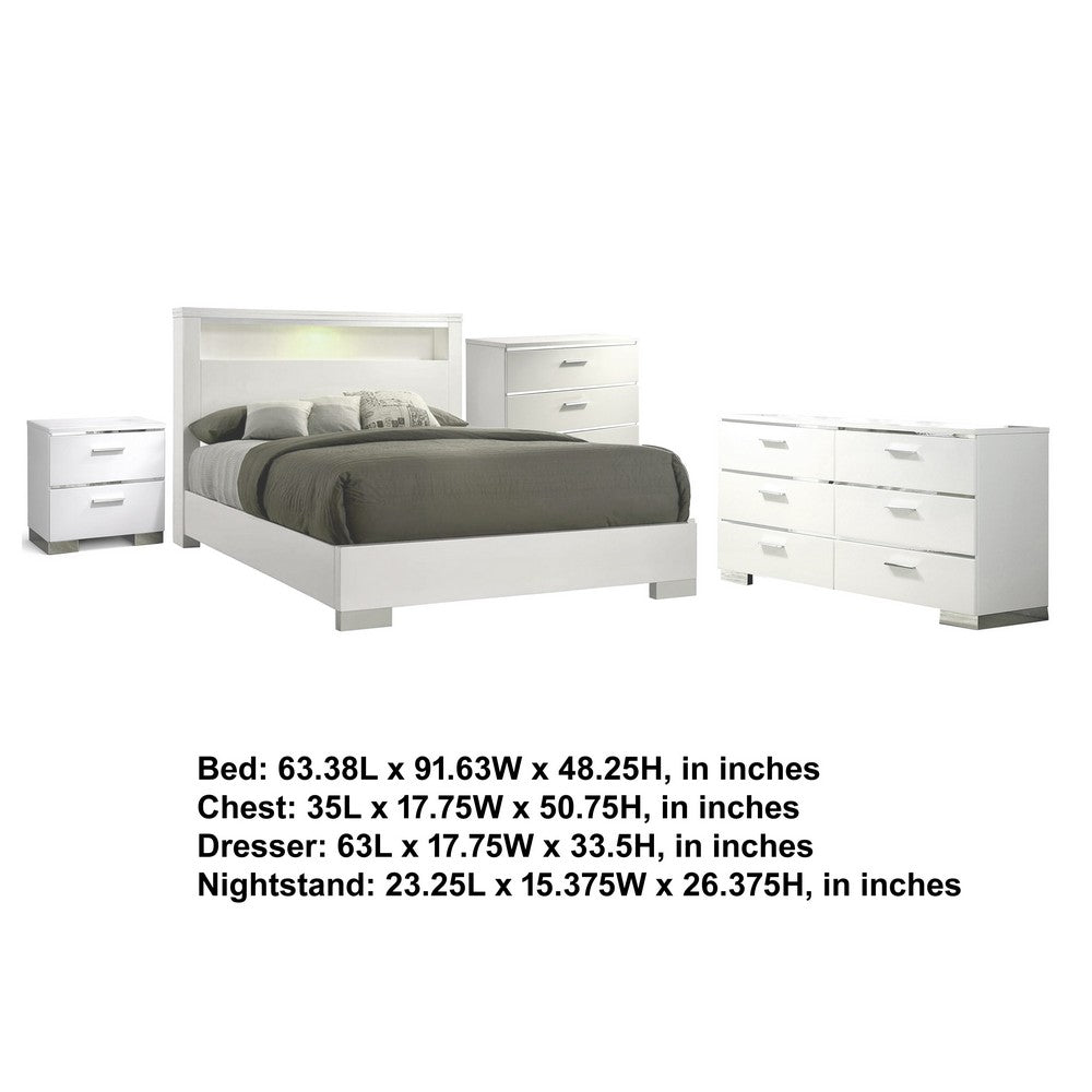 Queen Bedroom Set | White & Silver | 4 Piece Set with Chest | Dresser | & Nightst&