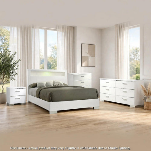 Queen Bedroom Set | White & Silver | 4 Piece Set with Chest | Dresser | & Nightst&
