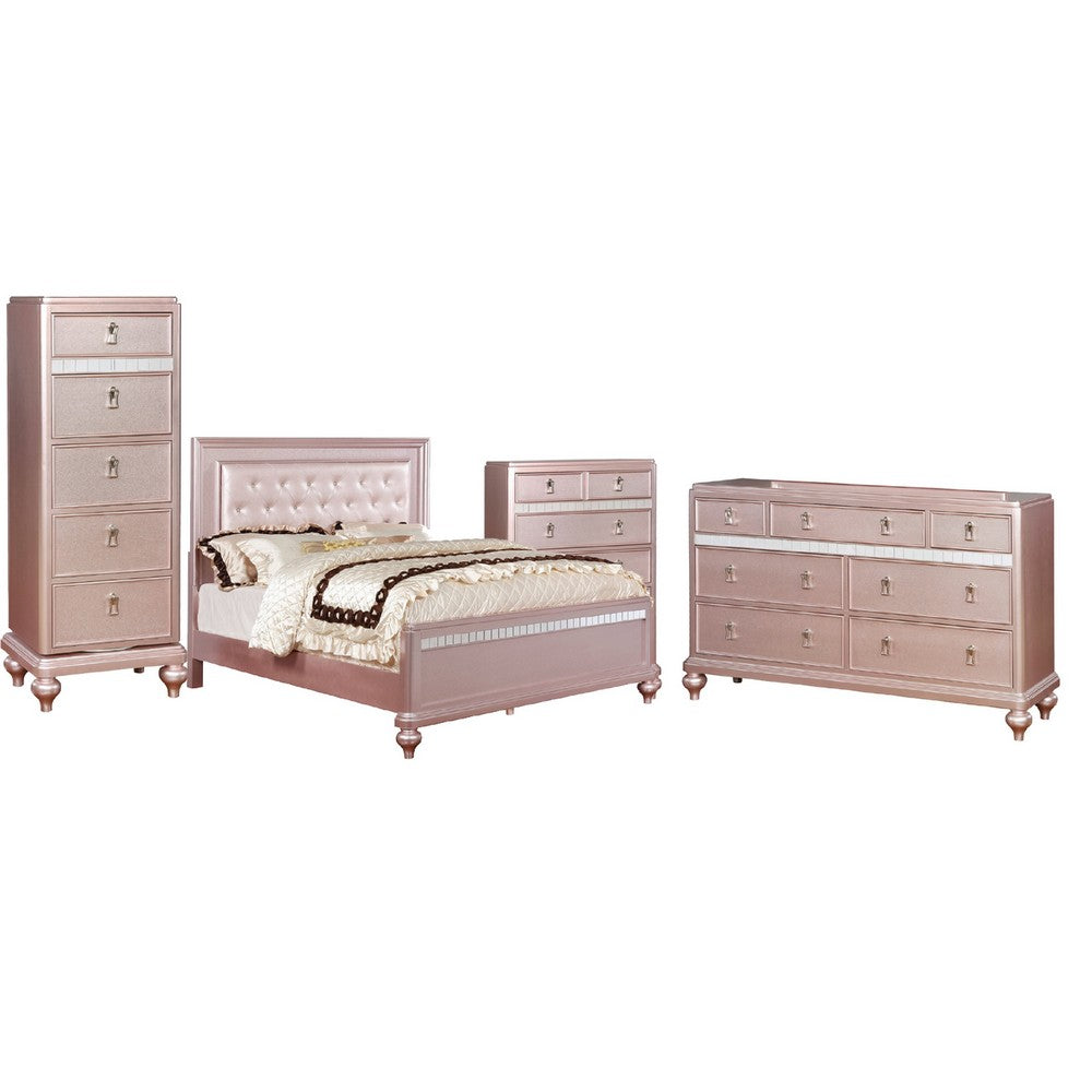 Queen Bedroom Set | Pink & Rose Gold | 4 Piece Set with 2 Chests & Dresser