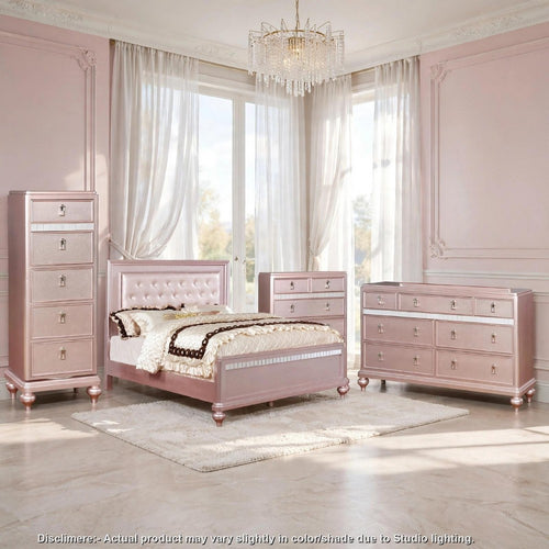 Queen Bedroom Set | Pink & Rose Gold | 4 Piece Set with 2 Chests & Dresser