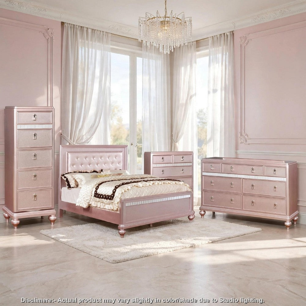 Queen Bedroom Set | Pink & Rose Gold | 4 Piece Set with 2 Chests & Dresser