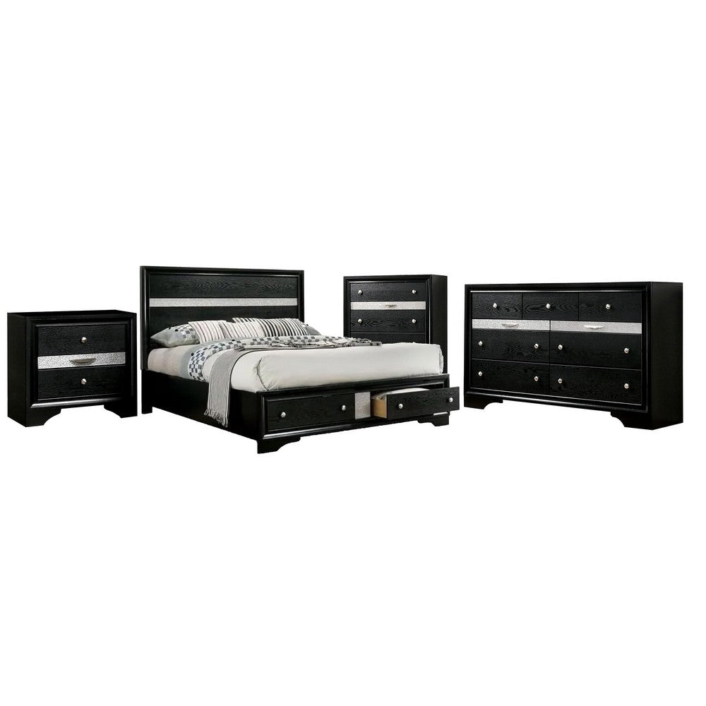 Queen Bedroom Set | Black & Silver | 4 Piece Set with Chest | Dresser | & Nightst&