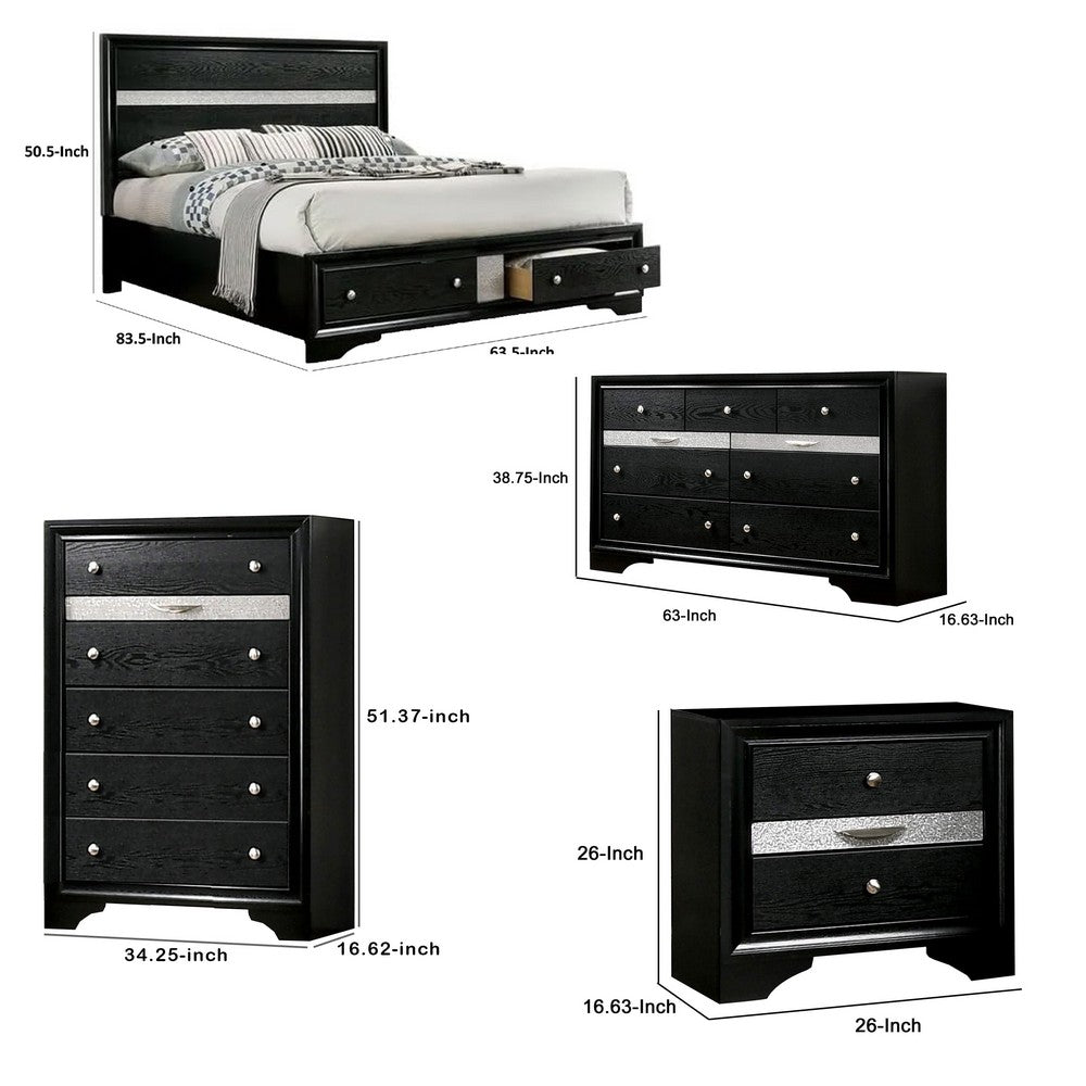 Queen Bedroom Set | Black & Silver | 4 Piece Set with Chest | Dresser | & Nightst&
