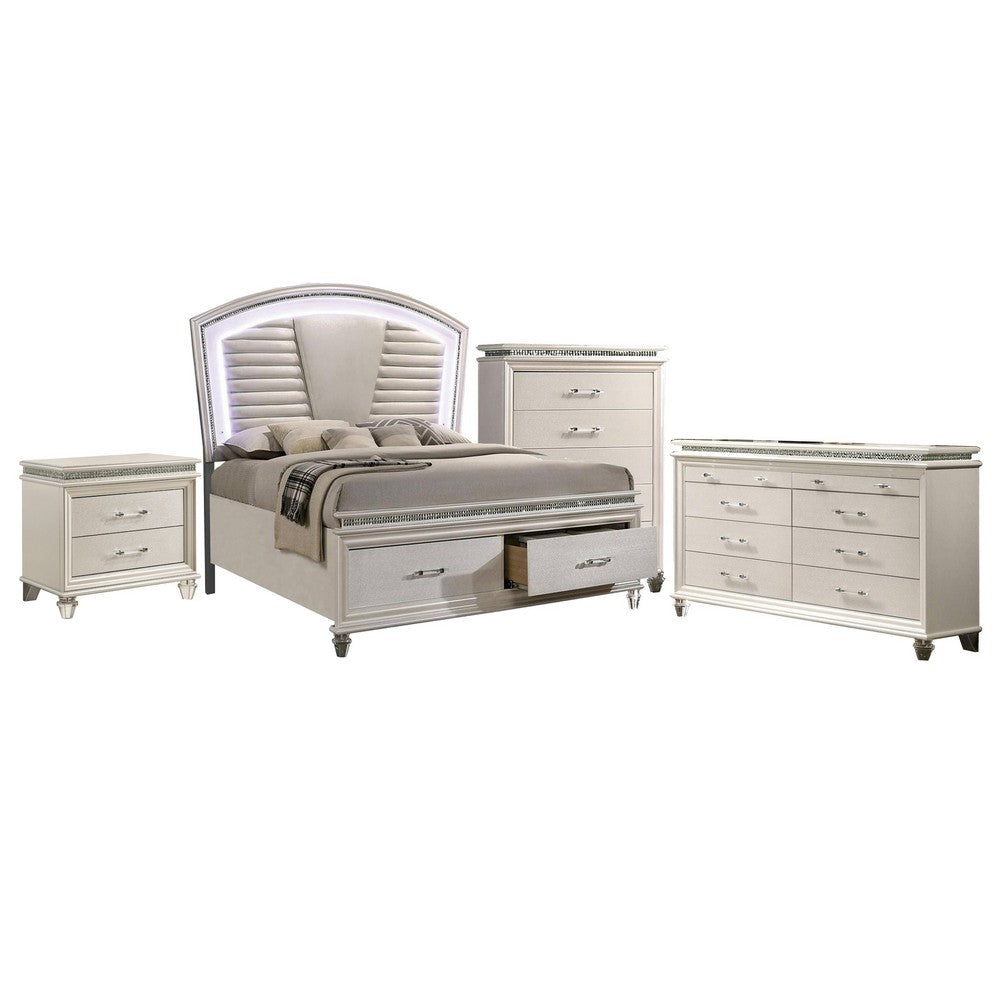 Queen Bedroom Set | Silver | Pearl White | & Clear | 4 Piece Set with Chest | Dresser | & Nightst&