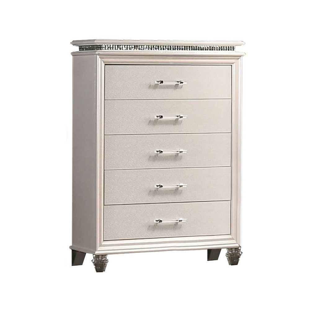 Queen Bedroom Set | Silver | Pearl White | & Clear | 4 Piece Set with Chest | Dresser | & Nightst&
