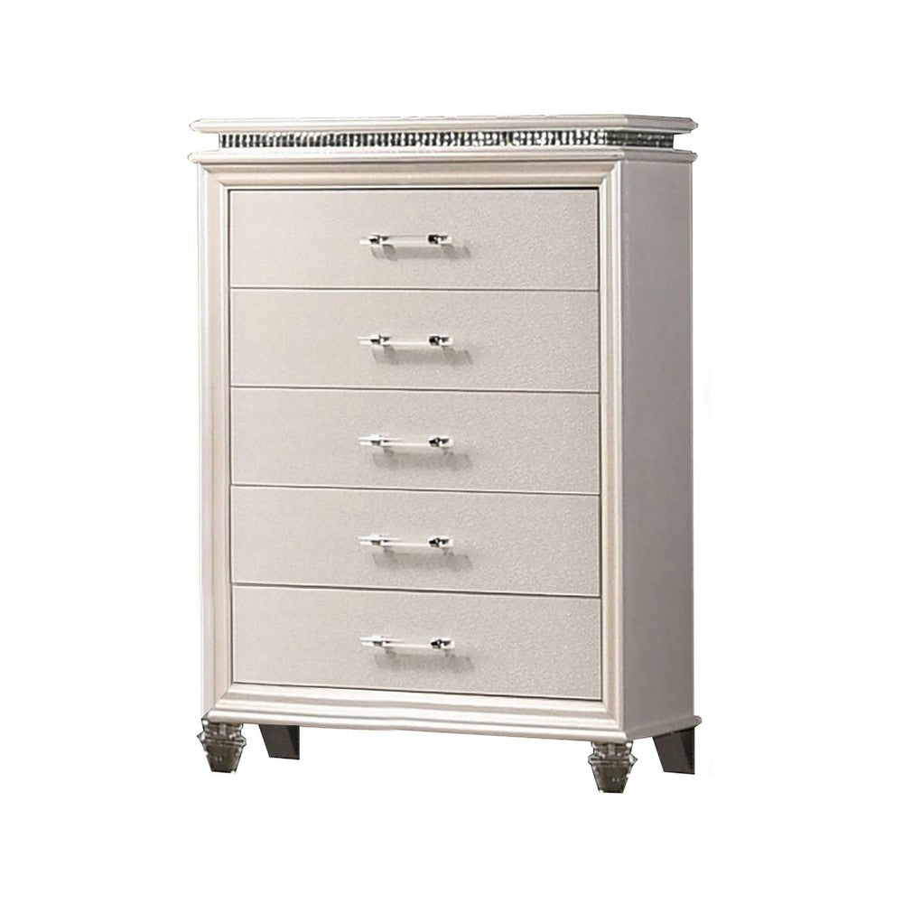 Queen Bedroom Set | Silver | Pearl White | & Clear | 4 Piece Set with Chest | Dresser | & Nightst&