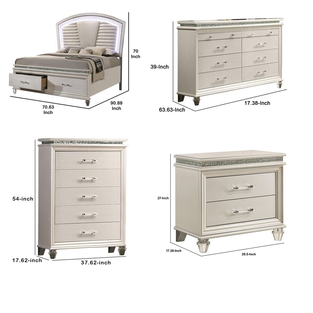 Queen Bedroom Set | Silver | Pearl White | & Clear | 4 Piece Set with Chest | Dresser | & Nightst&