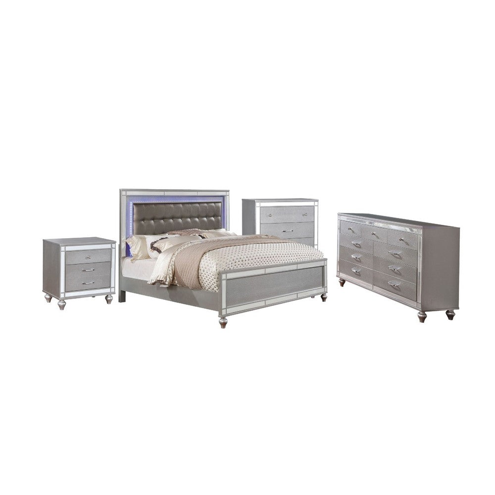 Queen Bedroom Set | Silver | 4 Piece Set with Chest | Dresser | & Nightst&