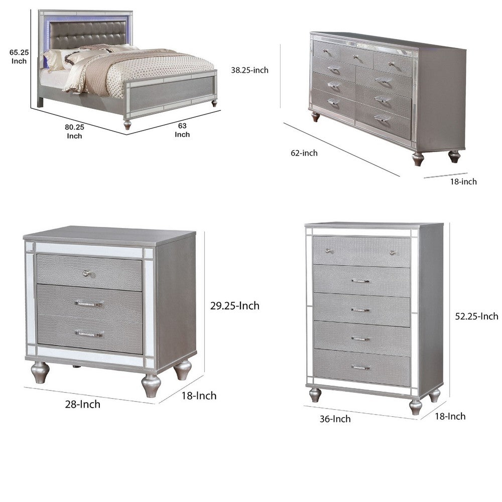 Queen Bedroom Set | Silver | 4 Piece Set with Chest | Dresser | & Nightst&