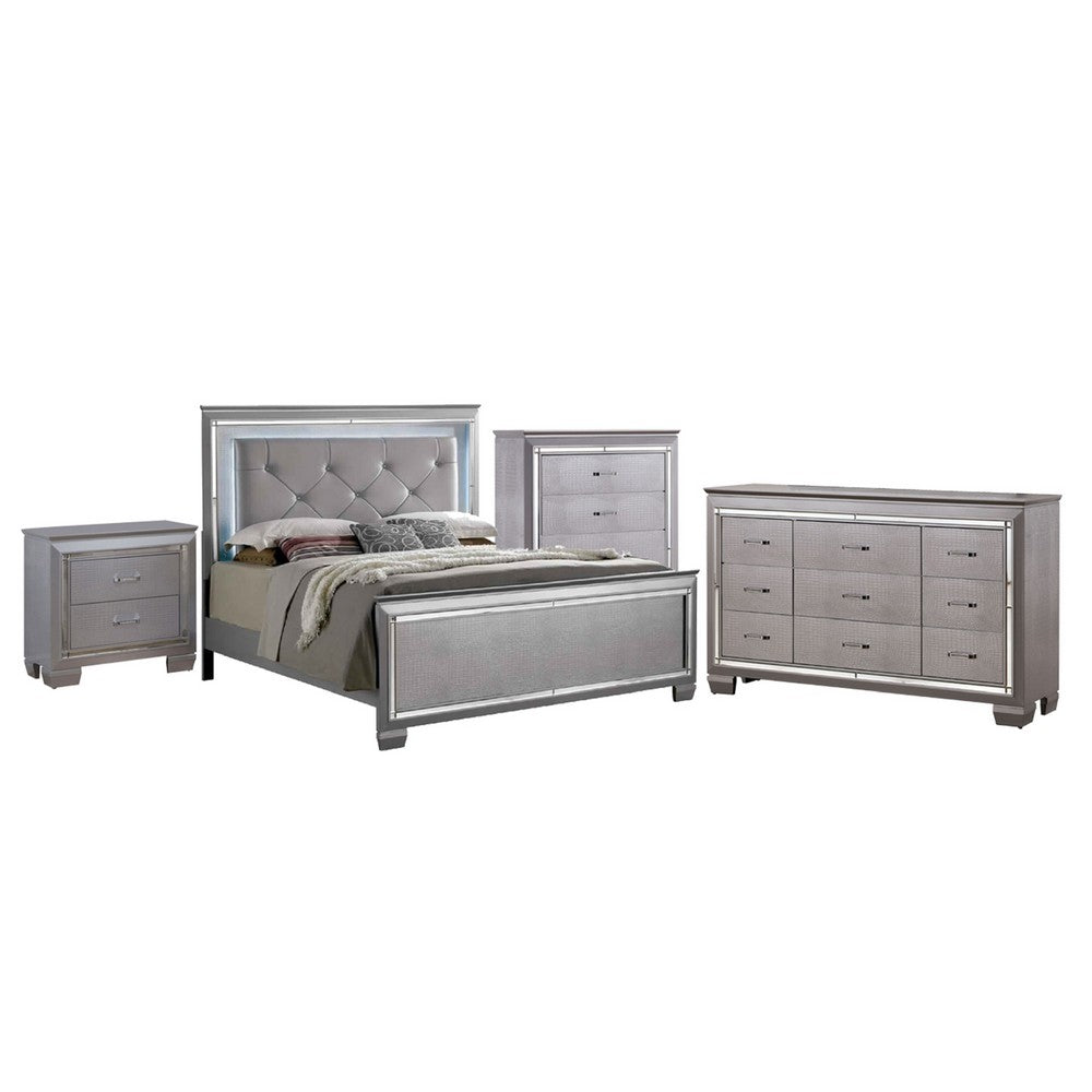 Queen Bedroom Set | Silver & Gray | 4 Piece Set with Chest | Dresser | & Nightst&