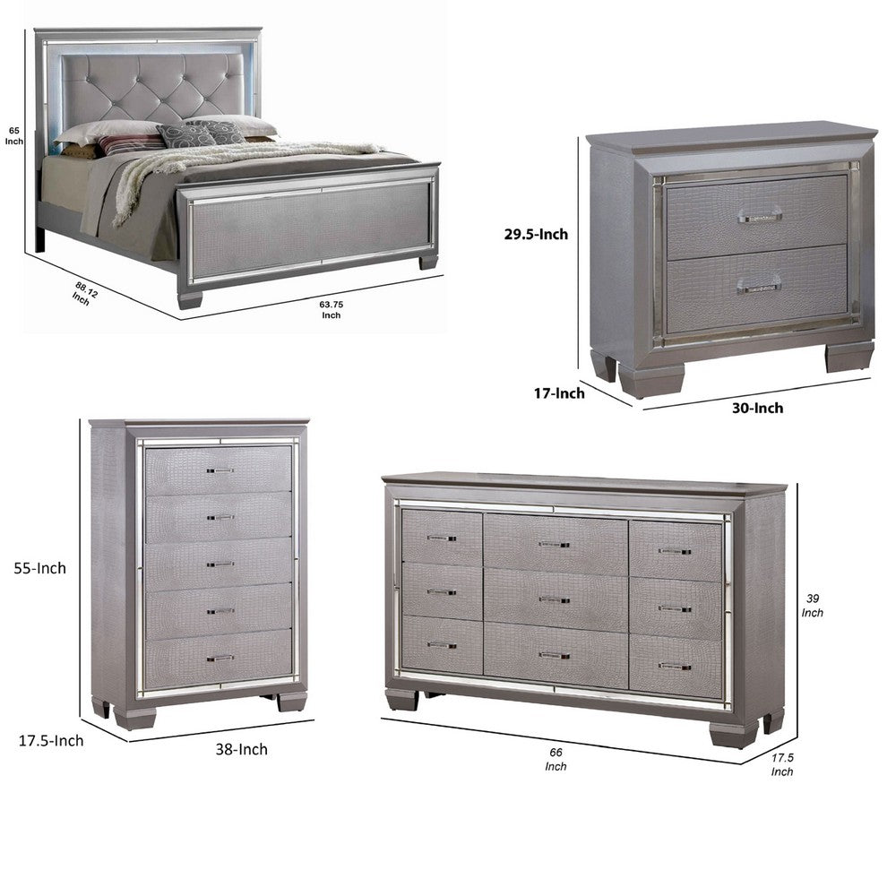 Queen Bedroom Set | Silver & Gray | 4 Piece Set with Chest | Dresser | & Nightst&