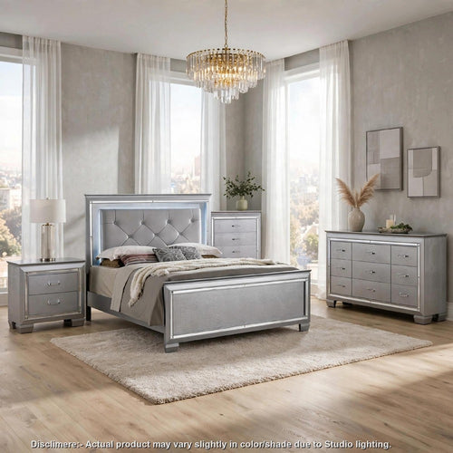 Queen Bedroom Set | Silver & Gray | 4 Piece Set with Chest | Dresser | & Nightst&