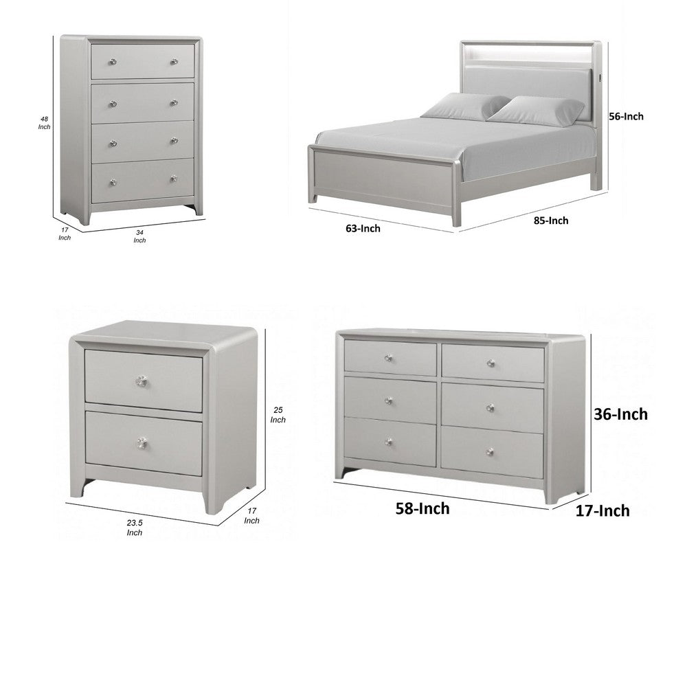 Queen Bedroom Set | Champagne Gray | Nickel | & Silver | 4 Piece Set with Chest | Dresser | & Nightst&