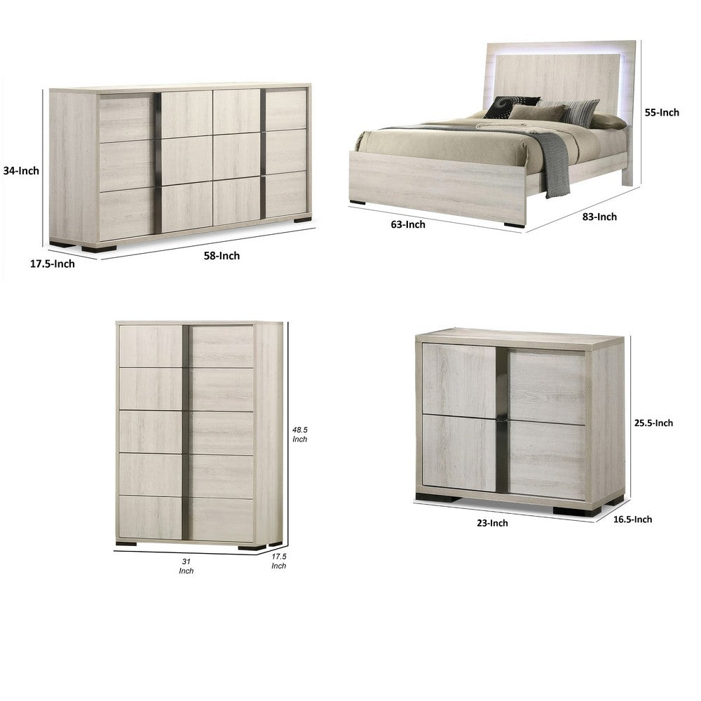 Queen Bedroom Set | White Wash & Chrome | 4 Piece Set with Chest | Dresser | & Nightst&