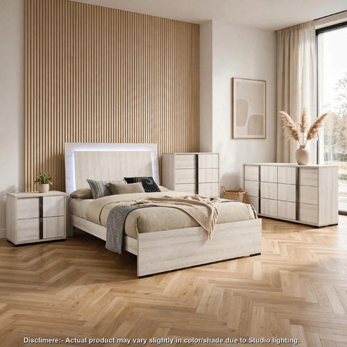 Queen Bedroom Set | White Wash & Chrome | 4 Piece Set with Chest | Dresser | & Nightst&
