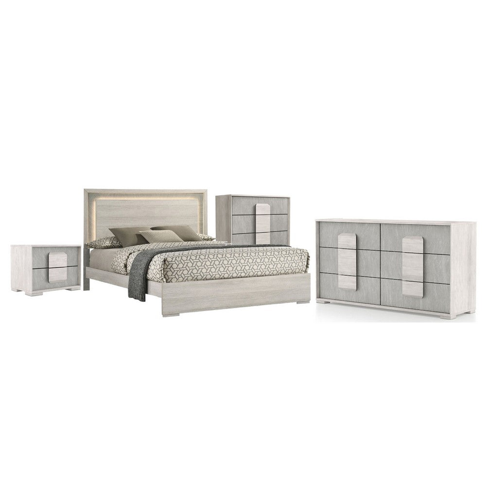 Queen Bedroom Set | White Wash & Stone Gray | 4 Piece Set with Chest | Dresser | & Nightst&