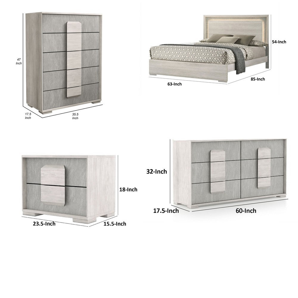 Queen Bedroom Set | White Wash & Stone Gray | 4 Piece Set with Chest | Dresser | & Nightst&