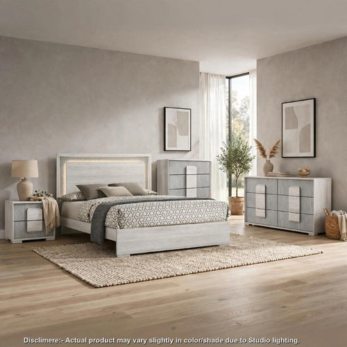 Queen Bedroom Set | White Wash & Stone Gray | 4 Piece Set with Chest | Dresser | & Nightst&