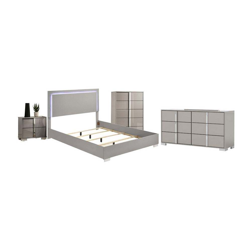 Queen Bedroom Set | Light Taupe | Taupe Gray | & Chrome Silver | 4 Piece Set with Chest | Dresser | & Nightst&