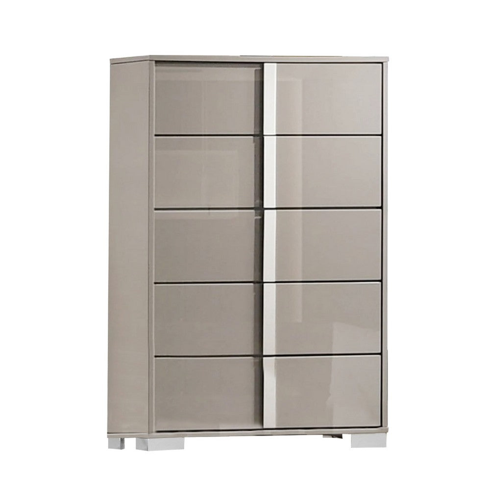 Queen Bedroom Set | Light Taupe | Taupe Gray | & Chrome Silver | 4 Piece Set with Chest | Dresser | & Nightst&