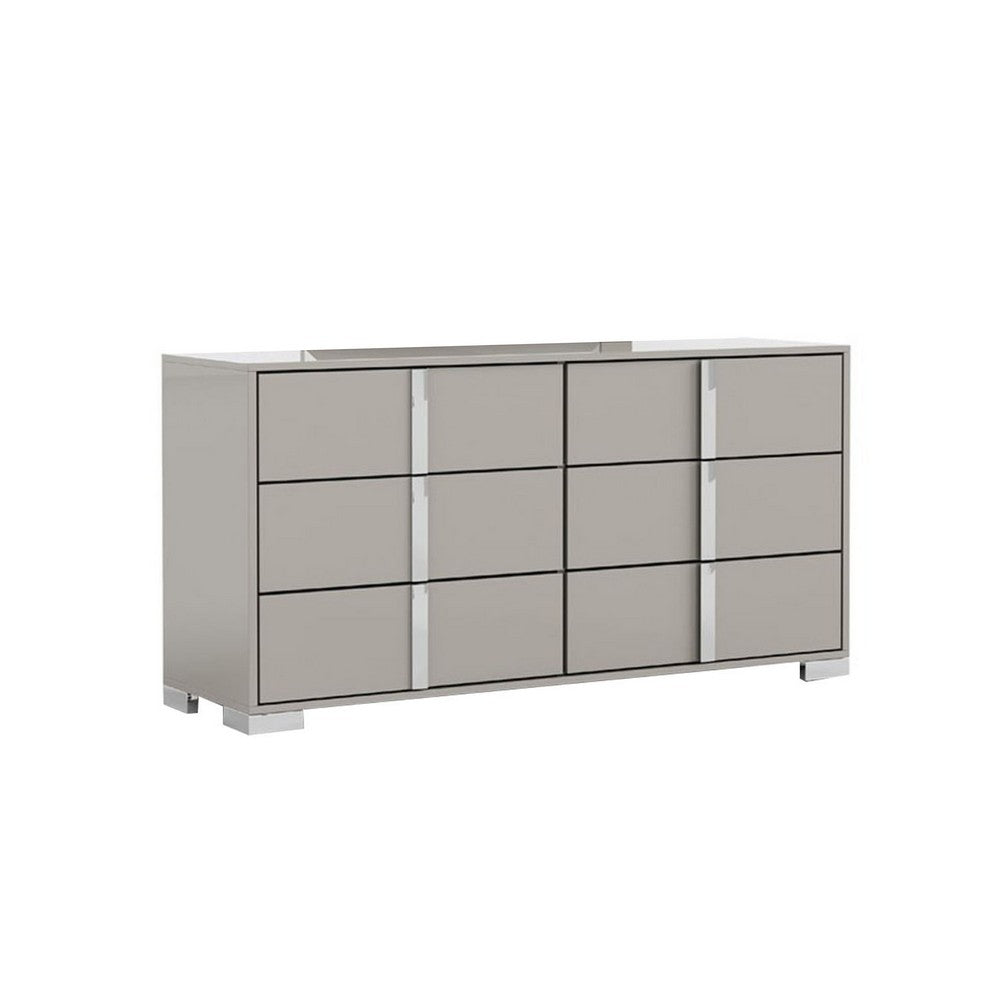 Queen Bedroom Set | Light Taupe | Taupe Gray | & Chrome Silver | 4 Piece Set with Chest | Dresser | & Nightst&