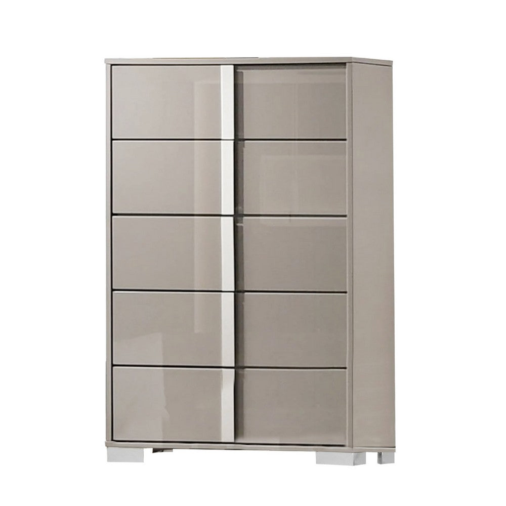 Queen Bedroom Set | Light Taupe | Taupe Gray | & Chrome Silver | 4 Piece Set with Chest | Dresser | & Nightst&