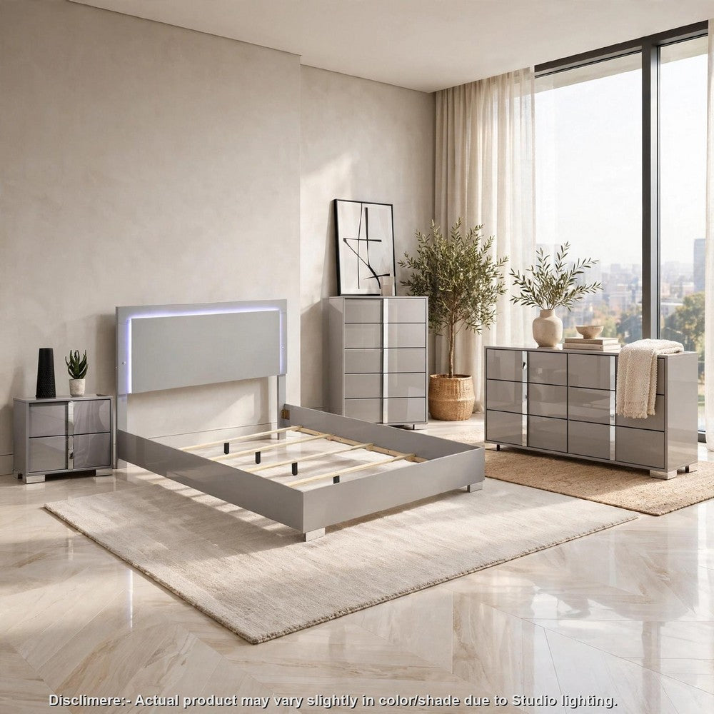 Queen Bedroom Set | Light Taupe | Taupe Gray | & Chrome Silver | 4 Piece Set with Chest | Dresser | & Nightst&