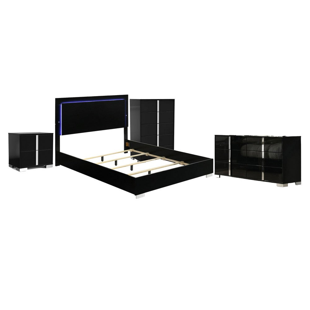 Queen Bedroom Set | Piano Black & Chrome Silver | 4 Piece Set with Chest | Dresser | & Nightst&