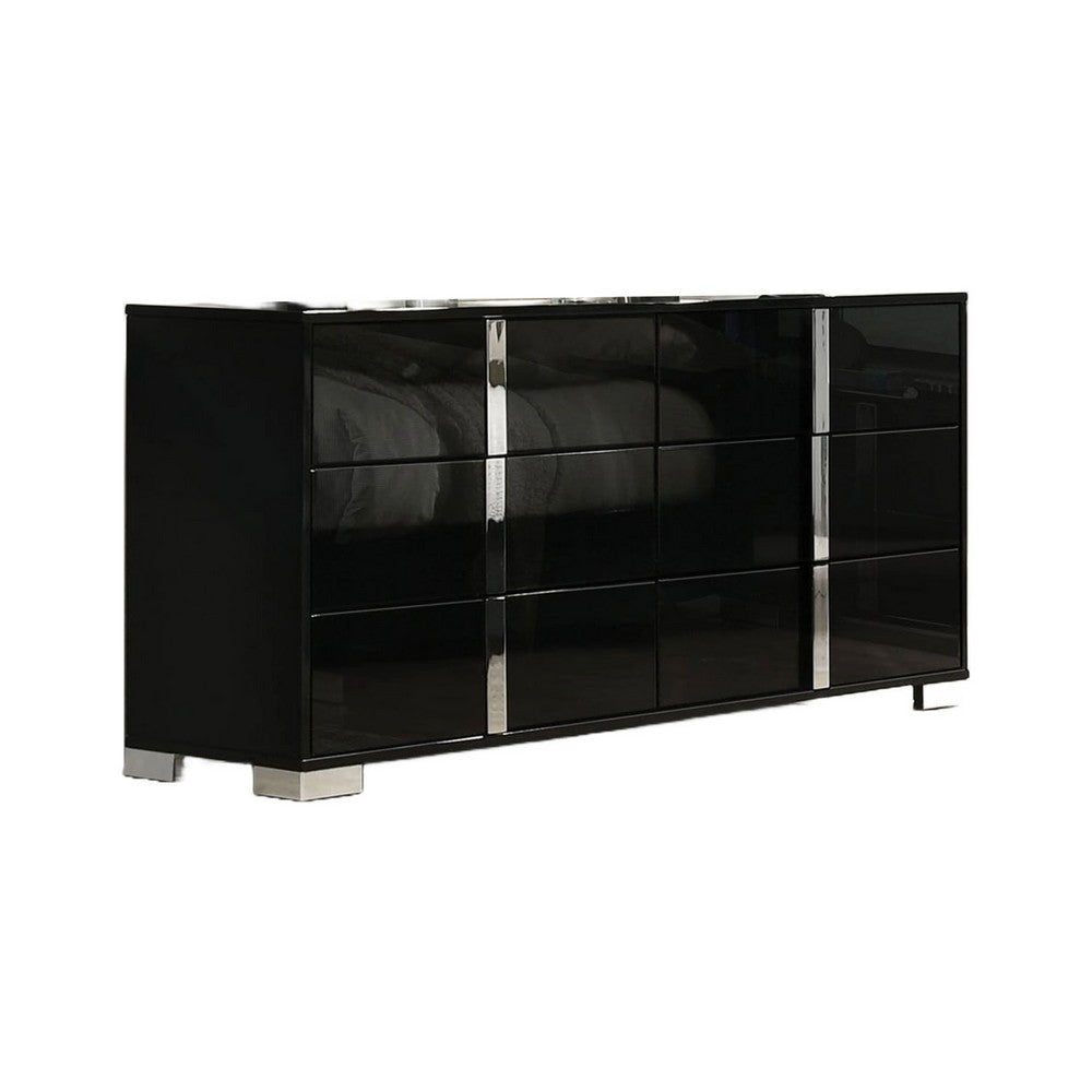 Queen Bedroom Set | Piano Black & Chrome Silver | 4 Piece Set with Chest | Dresser | & Nightst&