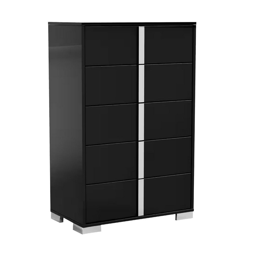 Queen Bedroom Set | Piano Black & Chrome Silver | 4 Piece Set with Chest | Dresser | & Nightst&